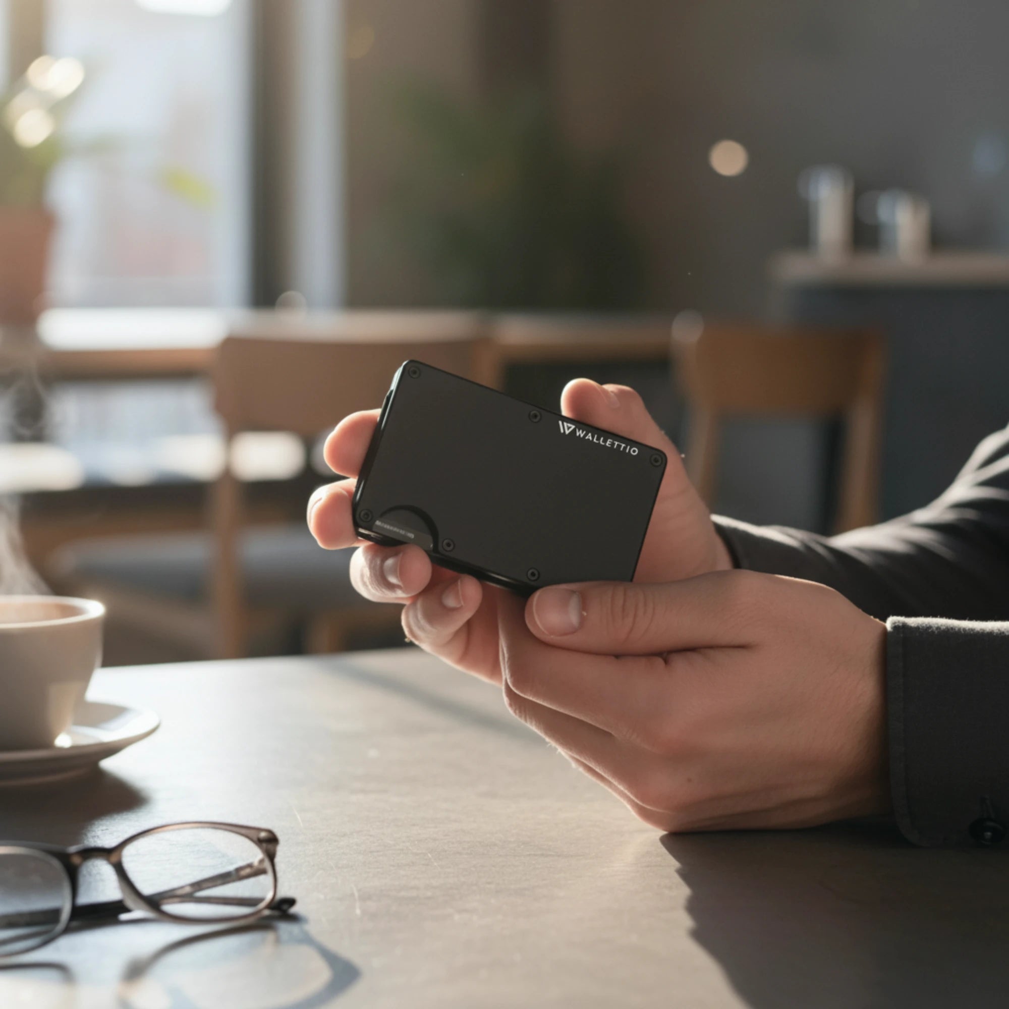 Hand holding a black wallet with 'WALLETTIO' branding on a table with glasses and a cup in a blurred cafe setting.